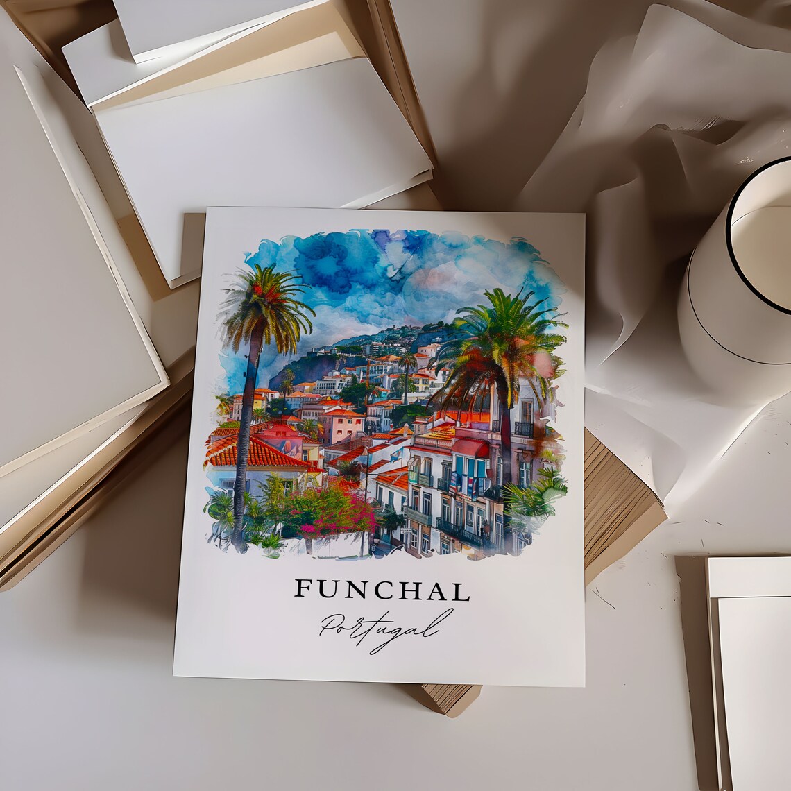Funchal Portugal Palm Hillside City Watercolor Madeira Travel Poster - Image 5