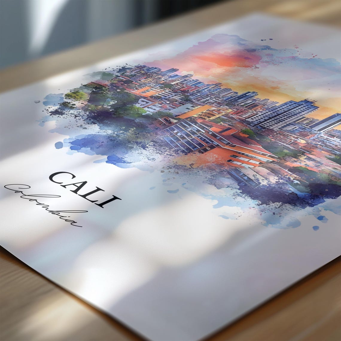 Cali Colombia Watercolor Sunset City Skyline Orange Sky Poster - Image 6