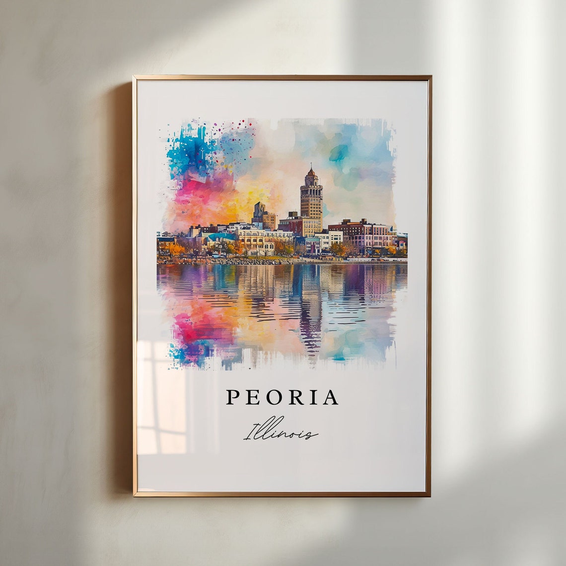 Peoria Illinois Riverfront Sunset Skyline Watercolor Travel Poster