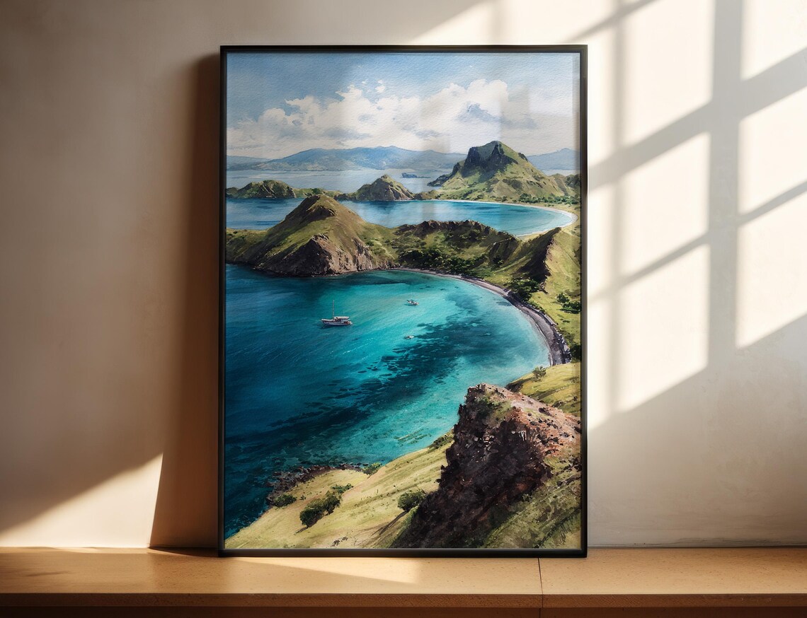 Komodo Island Turquoise Bays and Green Hills Watercolor Poster