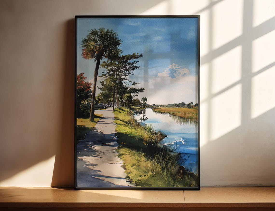 Amelia Island Florida Marsh Road Palms Watercolor Travel Poster