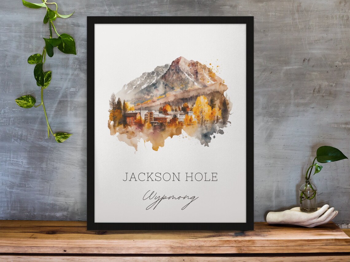 Jackson Hole Wyoming Teton Mountain Village Watercolor Travel Poster