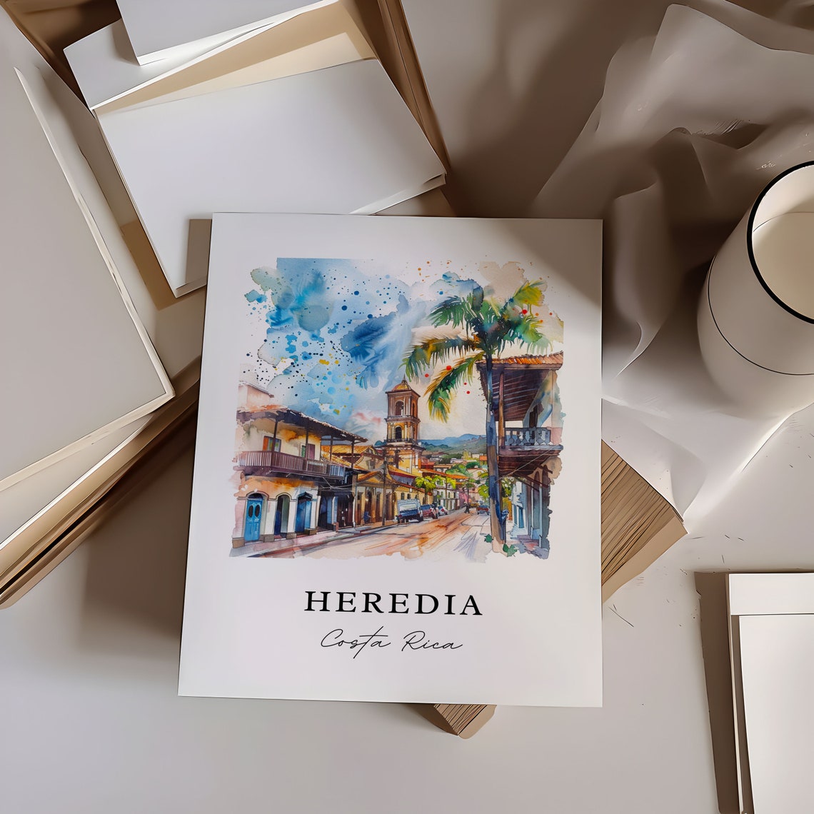 Heredia Costa Rica Colonial Street Church Tower Watercolor Poster - Image 6