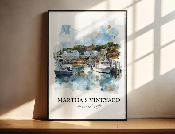 Martha's Vineyard Watercolor Fishing Boat Harbor Scene Poster