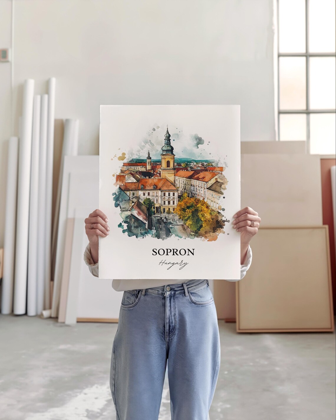 Sopron Hungary Watercolor Church Tower Old Town Red Roofs View Poster - Image 5