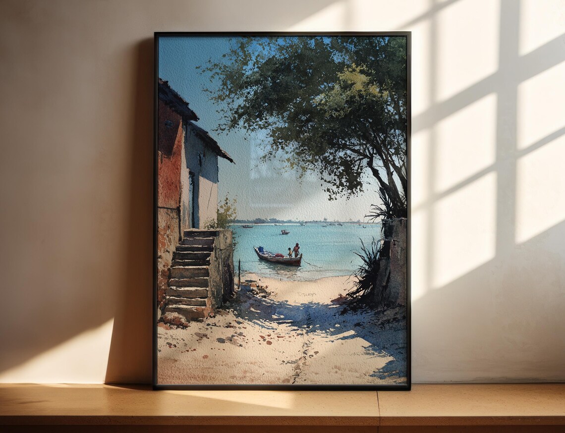 Vilankulos Mozambique Beach Boats Old House Watercolor Travel Poster