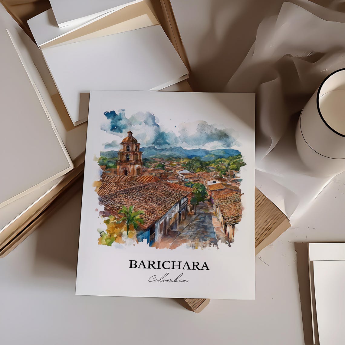 Barichara Colombia Colonial Church Rooftops Watercolor Travel Poster - Image 4
