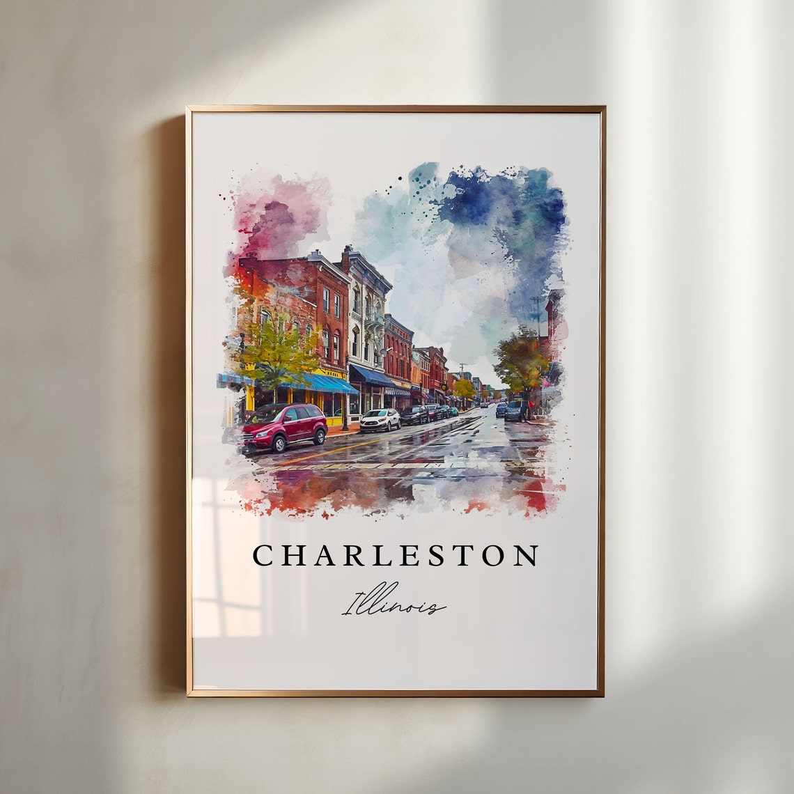 Charleston Illinois Watercolor Brick Street Downtown View Poster