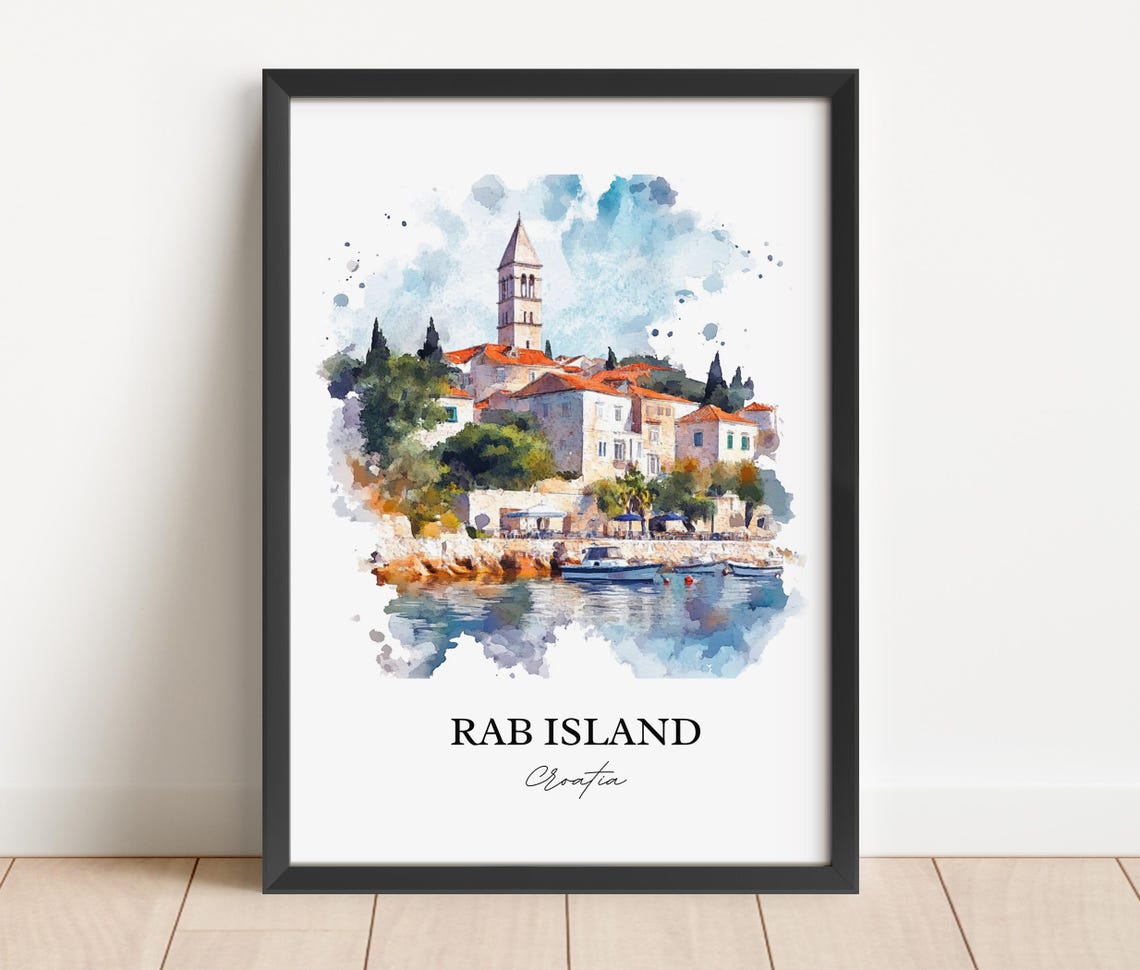 Rab Island Croatia Bell Tower Coastal Town Watercolor Poster - Image 2