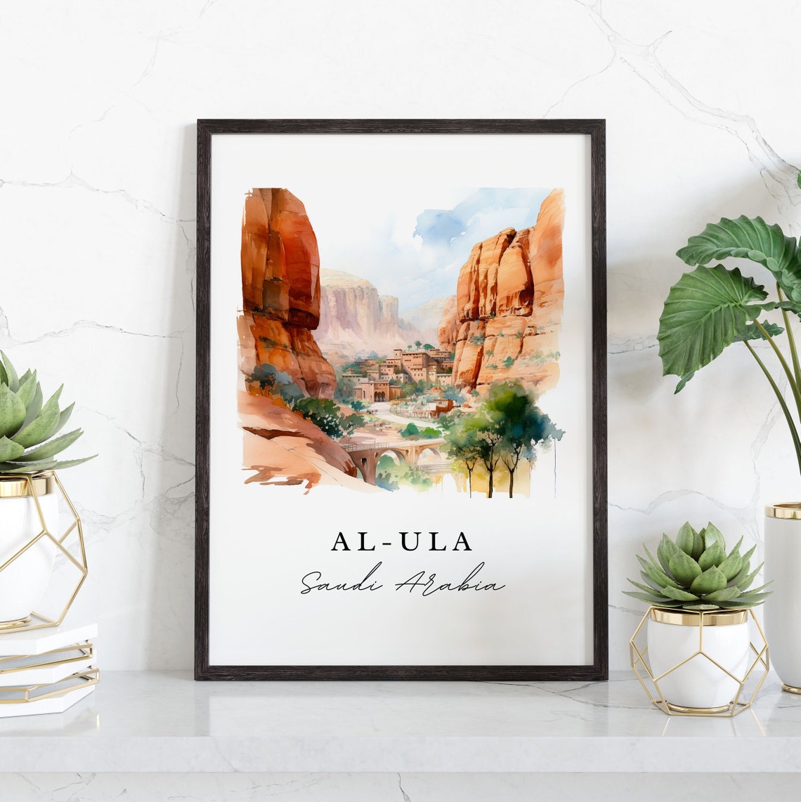 Al Ula Saudi Arabia Watercolor Red Rock Desert Canyon Oasis Poster - Image 3