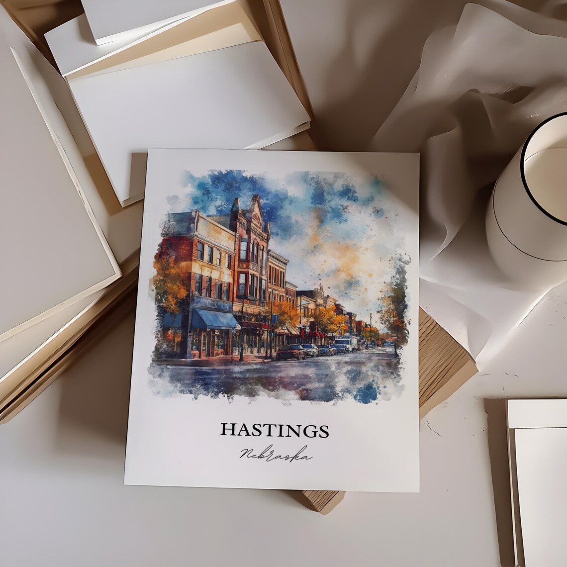 Hastings Nebraska Historic Downtown Street Watercolor Poster - Image 5