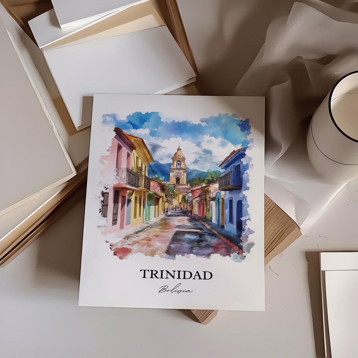 Trinidad Bolivia Watercolor Colonial Street Church Travel Poster - Image 3