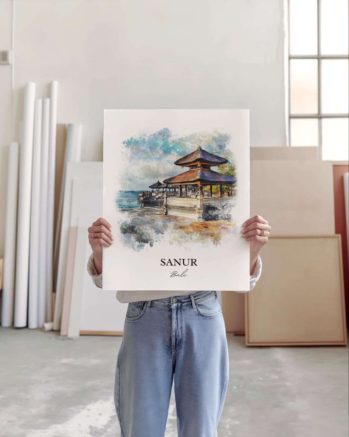 Sanur Bali Watercolor Seaside Temple Calm Ocean Waves Poster - Image 4