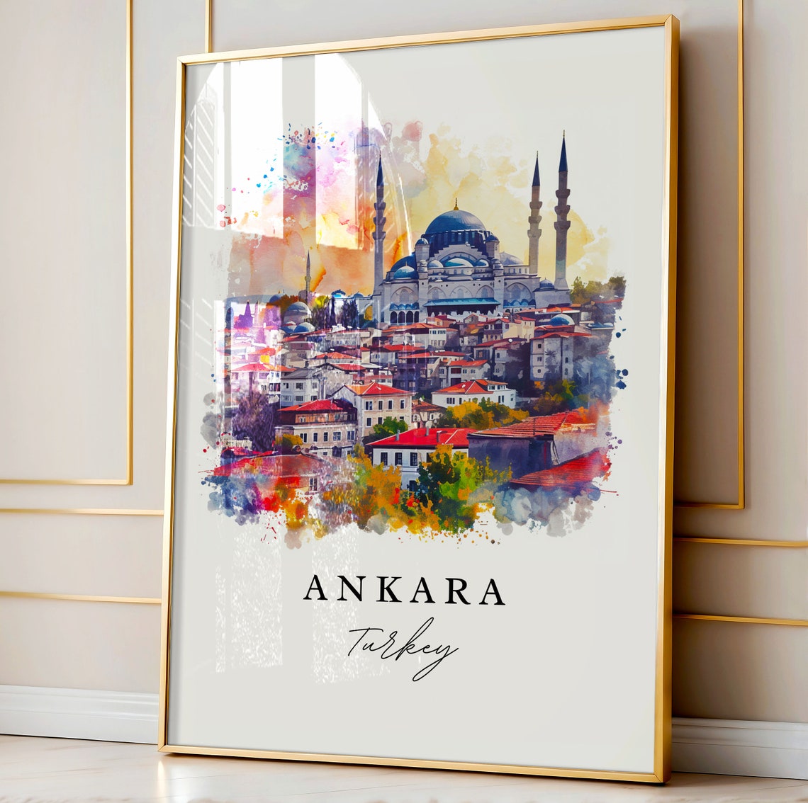 Ankara Turkey Watercolor Mosque Minarets Red Rooftops Art Poster - Image 4
