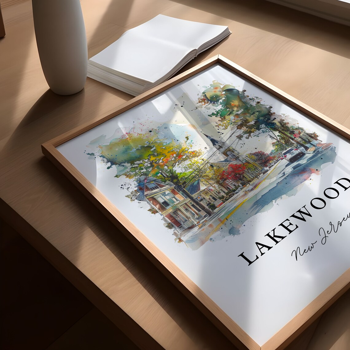 Lakewood New Jersey Watercolor Downtown Street Church Poster - Image 5