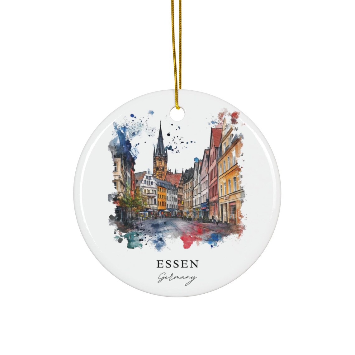 Essen Germany Watercolor Old Town Street Church Spire City Poster