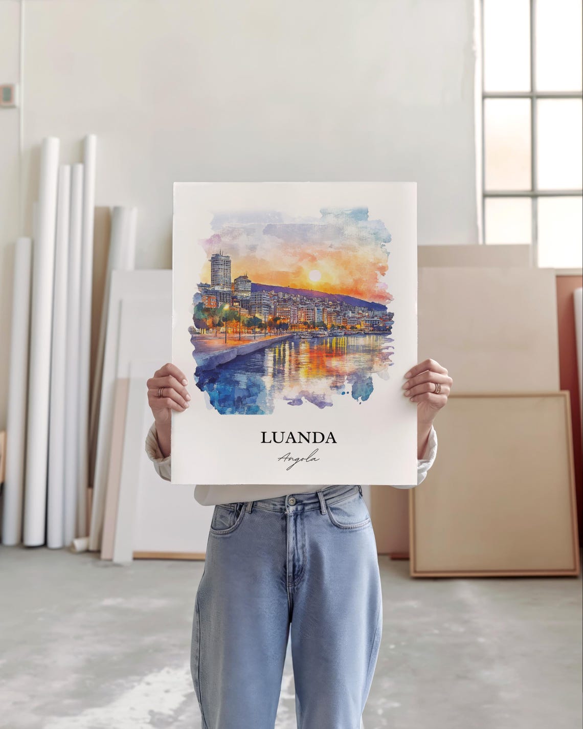 Luanda Angola Sunset Harbor Skyline Watercolor Travel Poster - Image 5