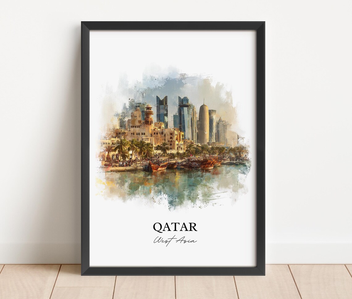 Qatar West Asia Waterfront Skyline Dhow Boats Watercolor Travel Poster - Image 4