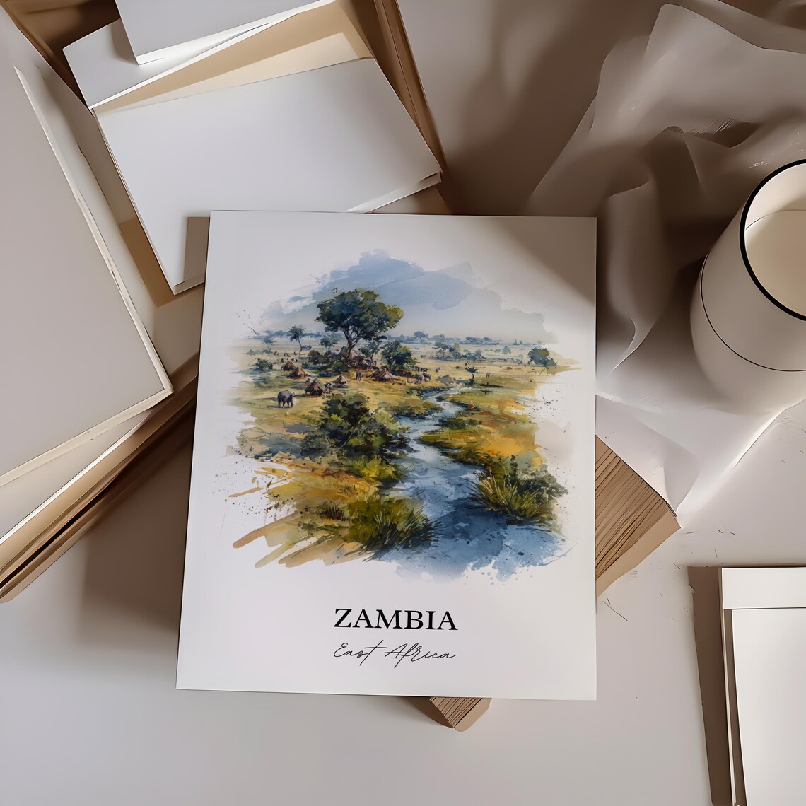 Zambia East Africa River Savanna Wildlife Watercolor Travel Poster - Image 4