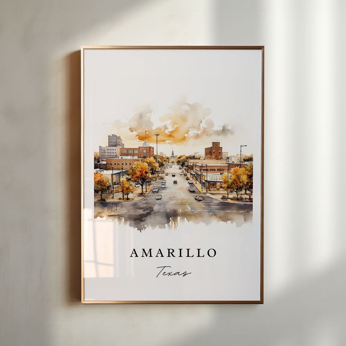 Amarillo Texas Watercolor Downtown Street Golden Hour Poster