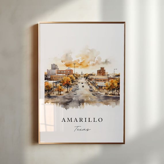 Amarillo Texas Watercolor Downtown Street Golden Hour Poster