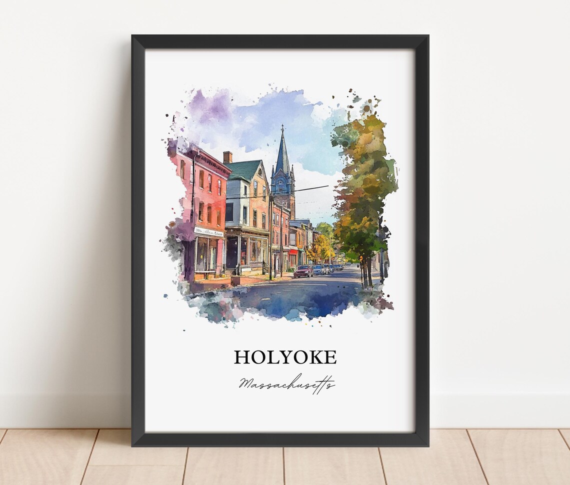 Holyoke Massachusetts Watercolor Church Steeple Street Art Poster - Image 2