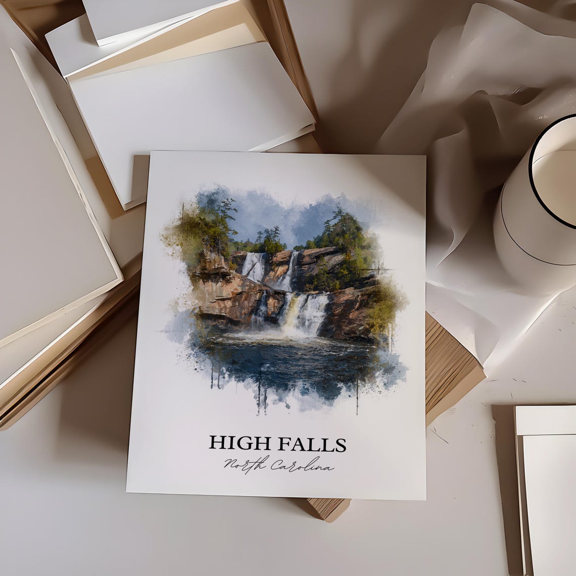 High Falls North Carolina Tiered Rock Cascade Watercolor Poster - Image 2