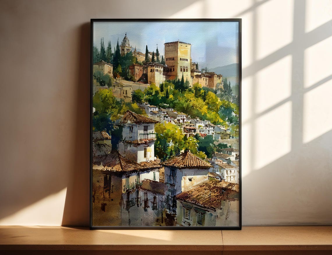 Granada Spain Alhambra Hilltop Fortress Watercolor Travel Poster
