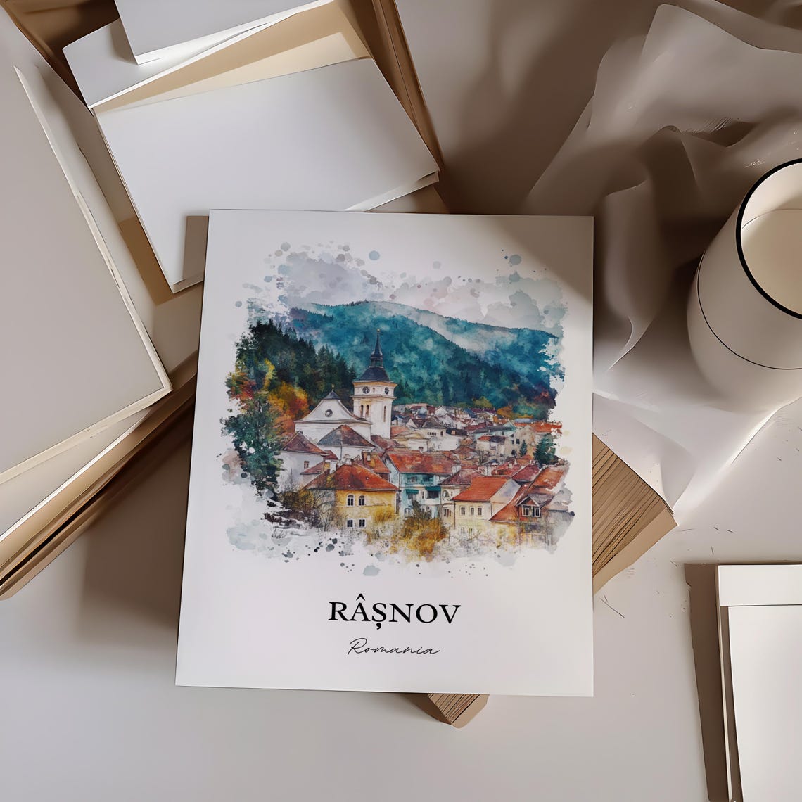 Rasnov Romania Watercolor Mountain Town Church Red Roofs View Poster - Image 3