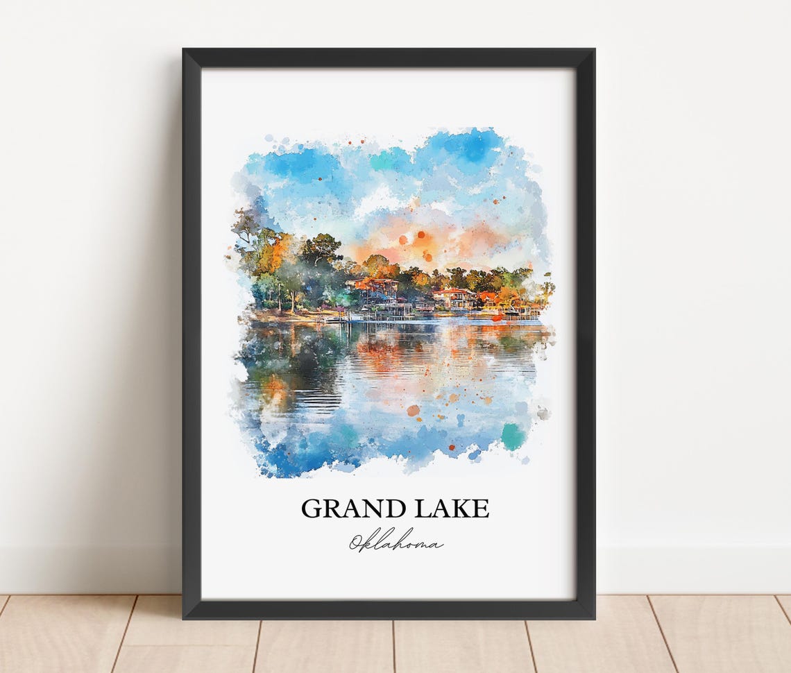 Grand Lake Oklahoma Sunset Lakeshore Cabins Watercolor Poster - Image 2