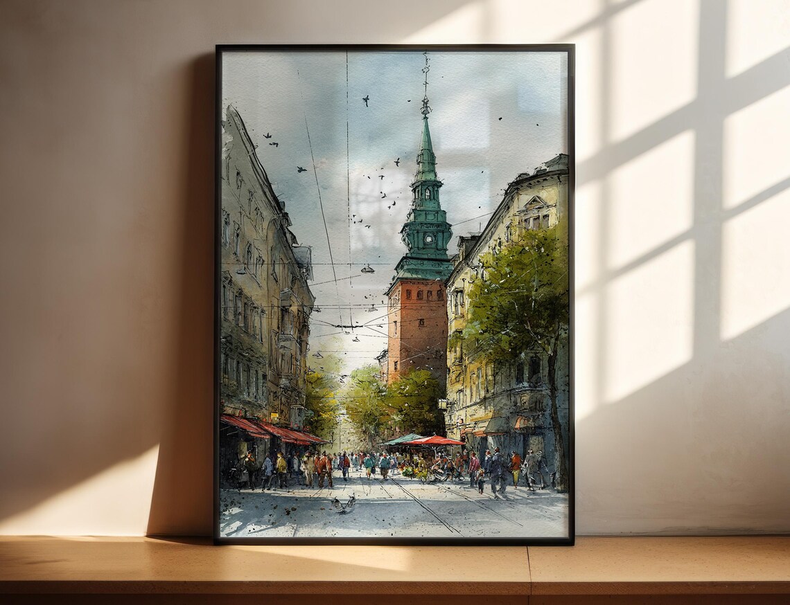 City Street Copper Spire Watercolor Crowd Cityscape Scene Poster