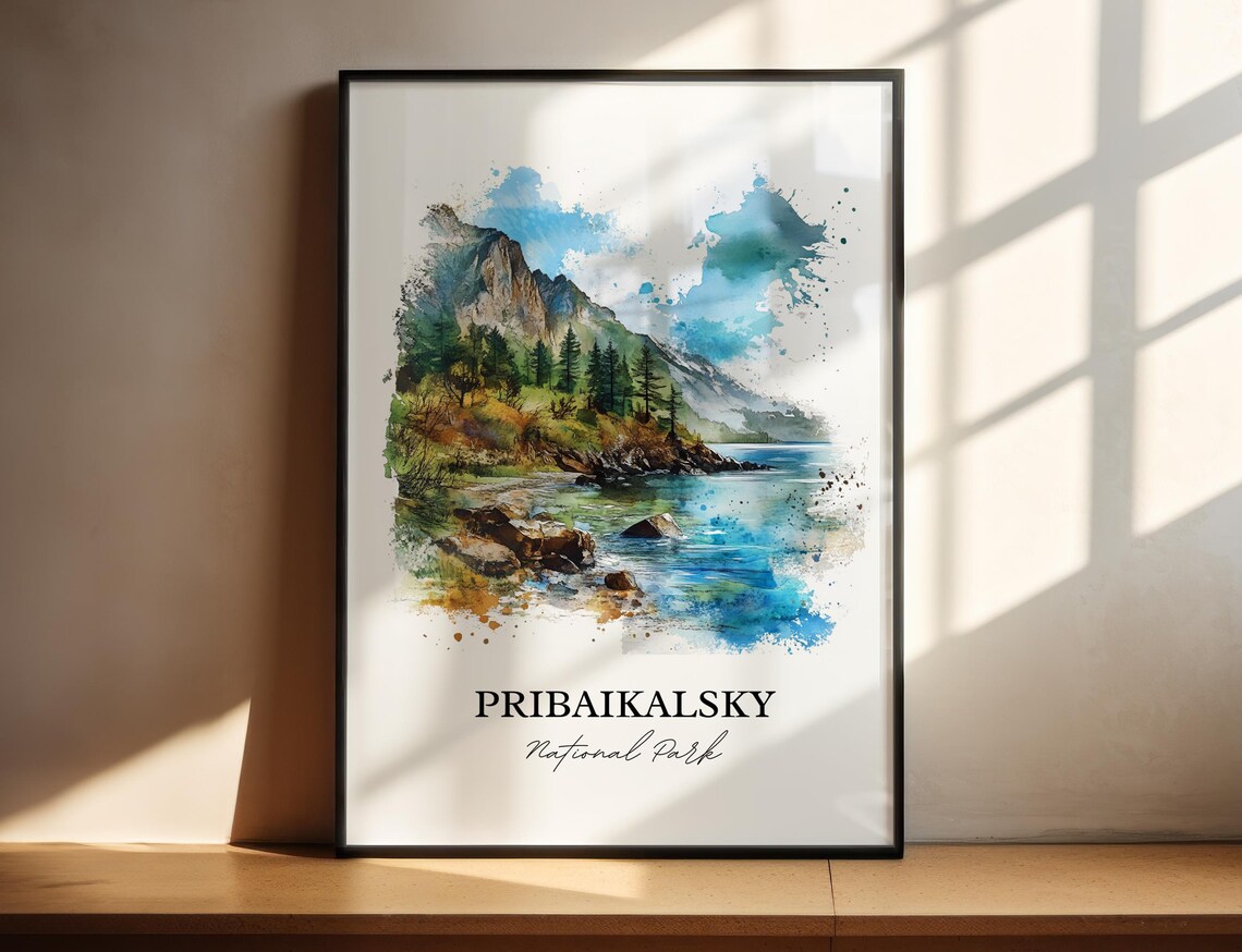 Pribaikalsky National Park Watercolor Mountain Lake Pine Shores Poster