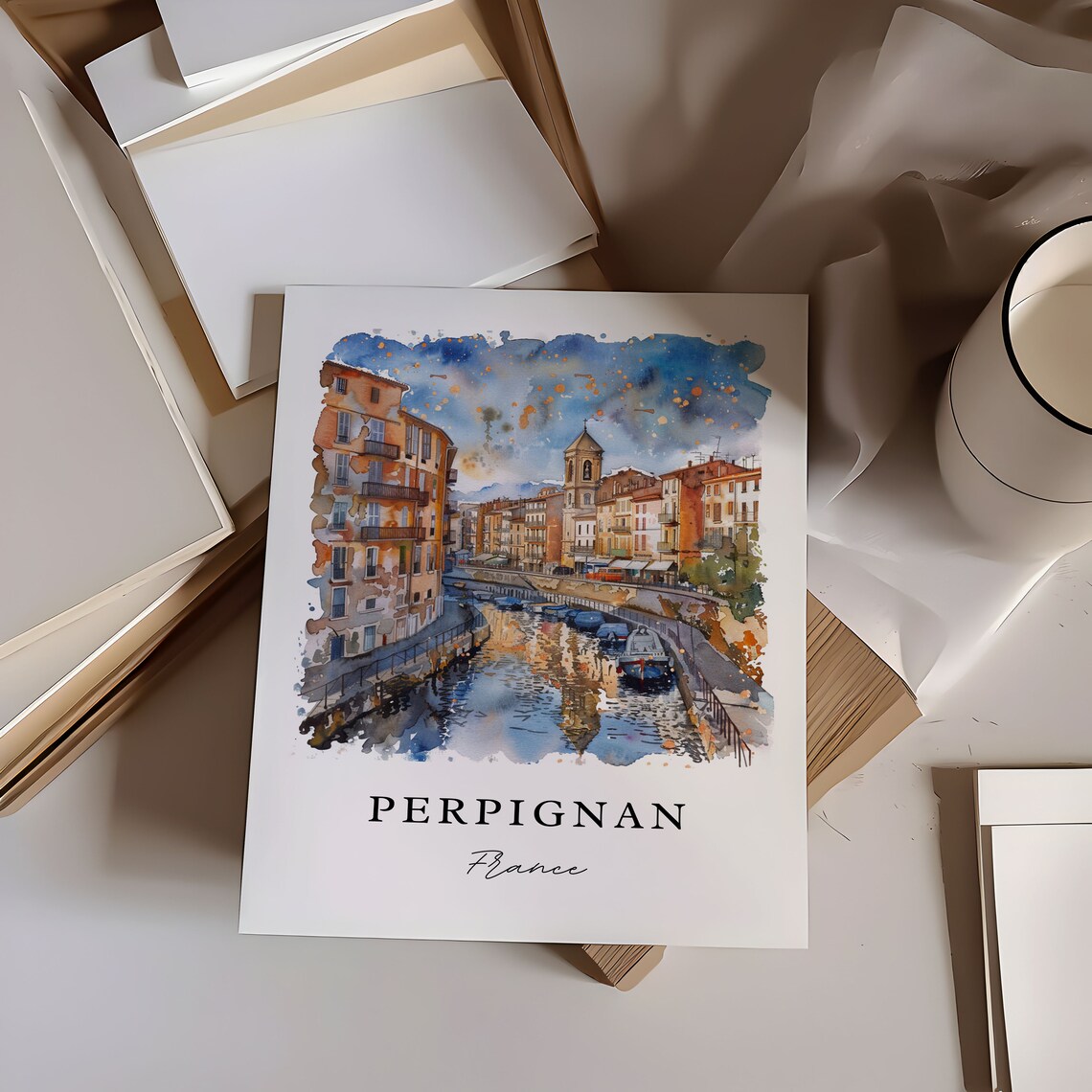Perpignan France Canal Old Town Watercolor Minimalist Travel Poster - Image 6