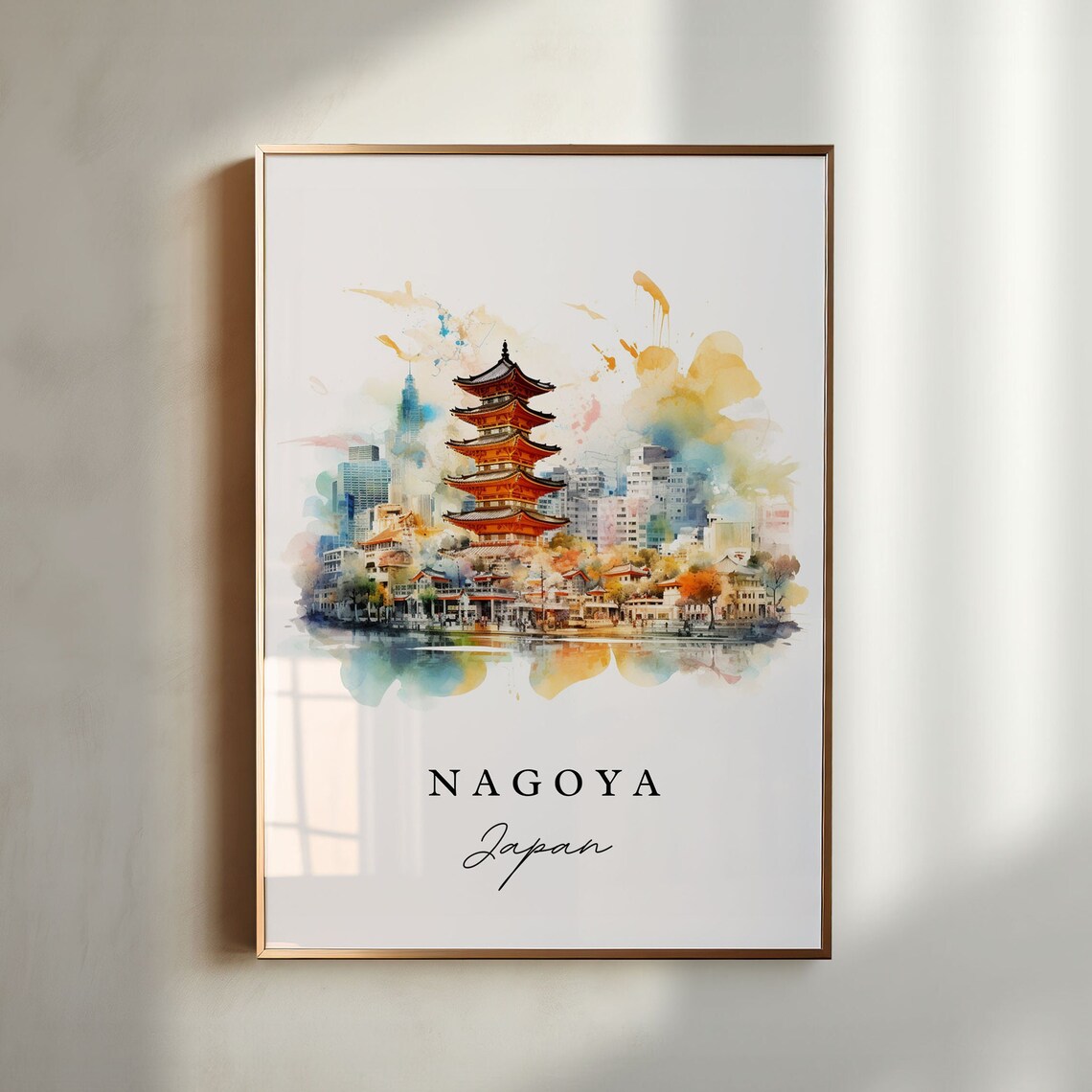 Nagoya Japan Watercolor Five Story Pagoda City Skyline Travel Poster
