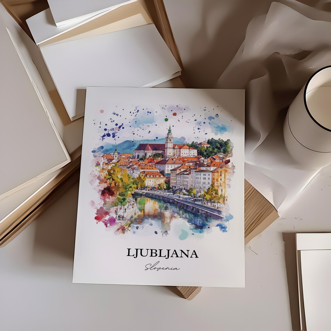 Ljubljana Slovenia Riverside Castle Old Town Watercolor Travel Poster - Image 3