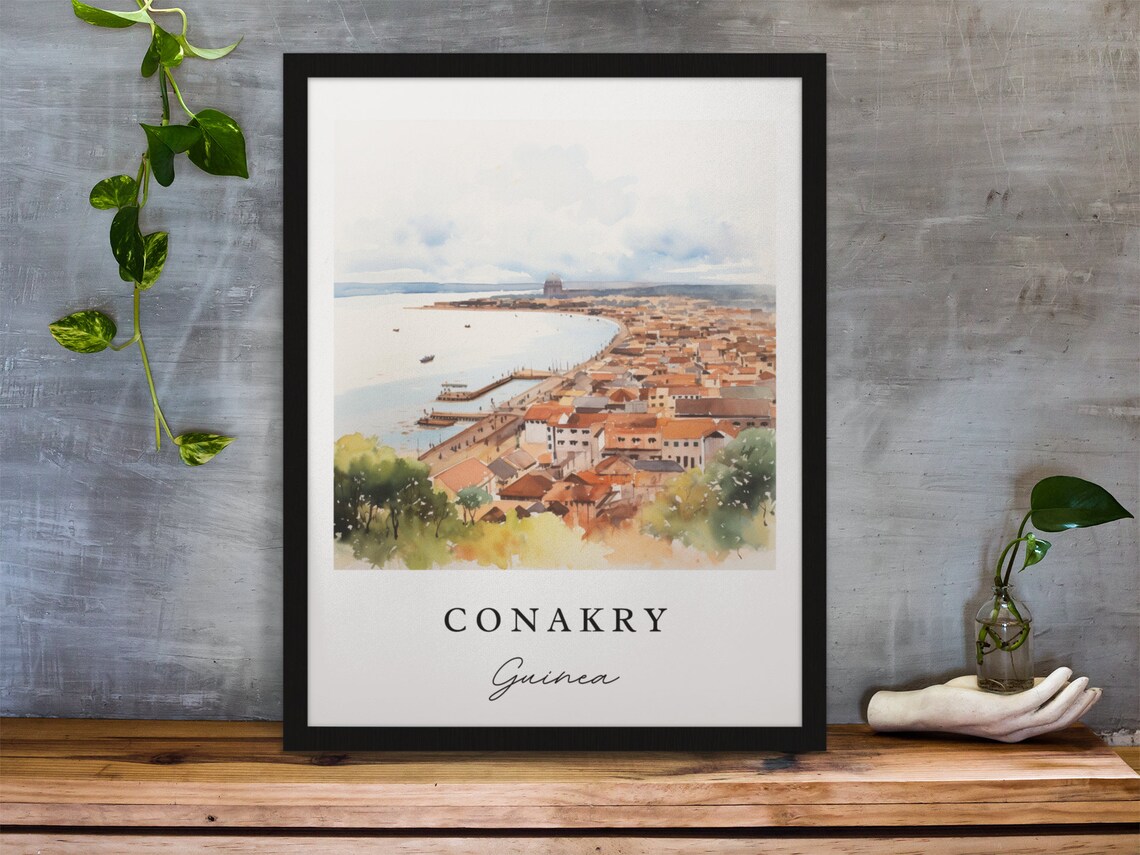 Conakry Guinea Coastal City Bay Watercolor View Travel Poster