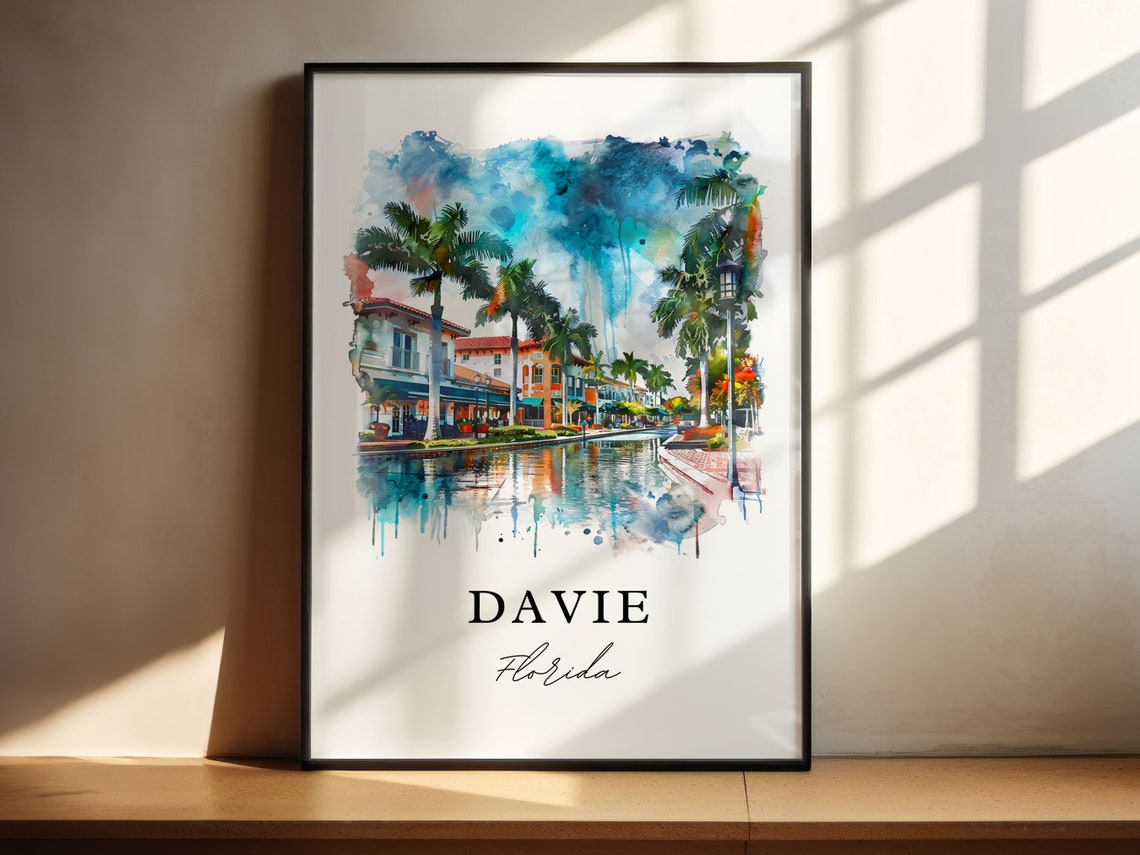 Davie Florida Watercolor Waterfront Promenade Palm Trees Poster