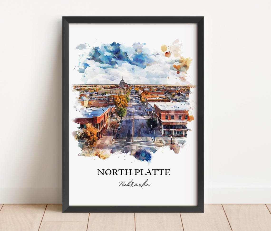 North Platte Nebraska Downtown Aerial View Watercolor Poster