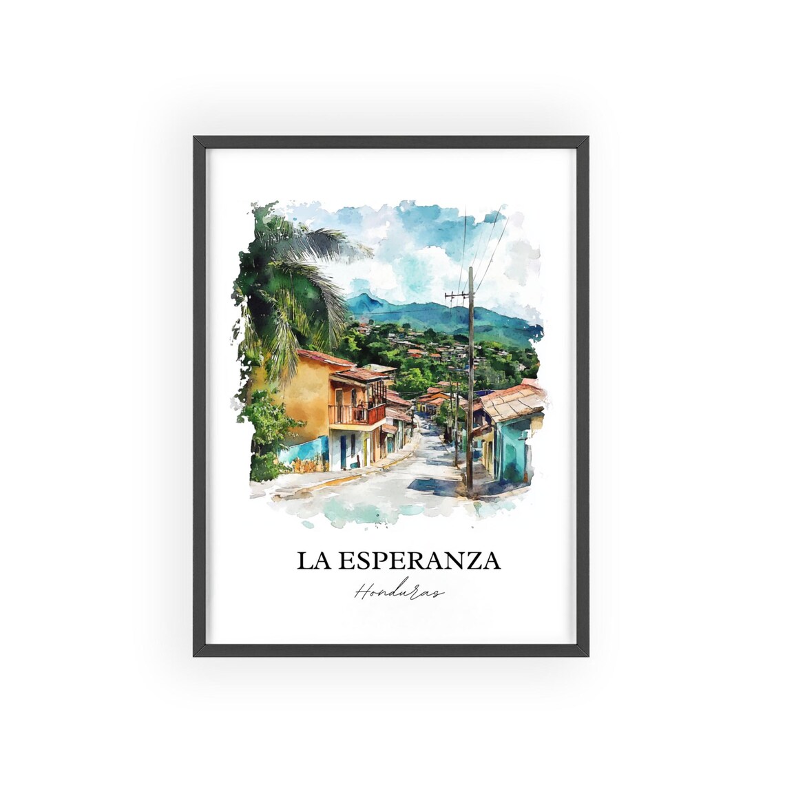 La Esperanza Honduras Palm Lined Street Mountains Watercolor Poster - Image 2