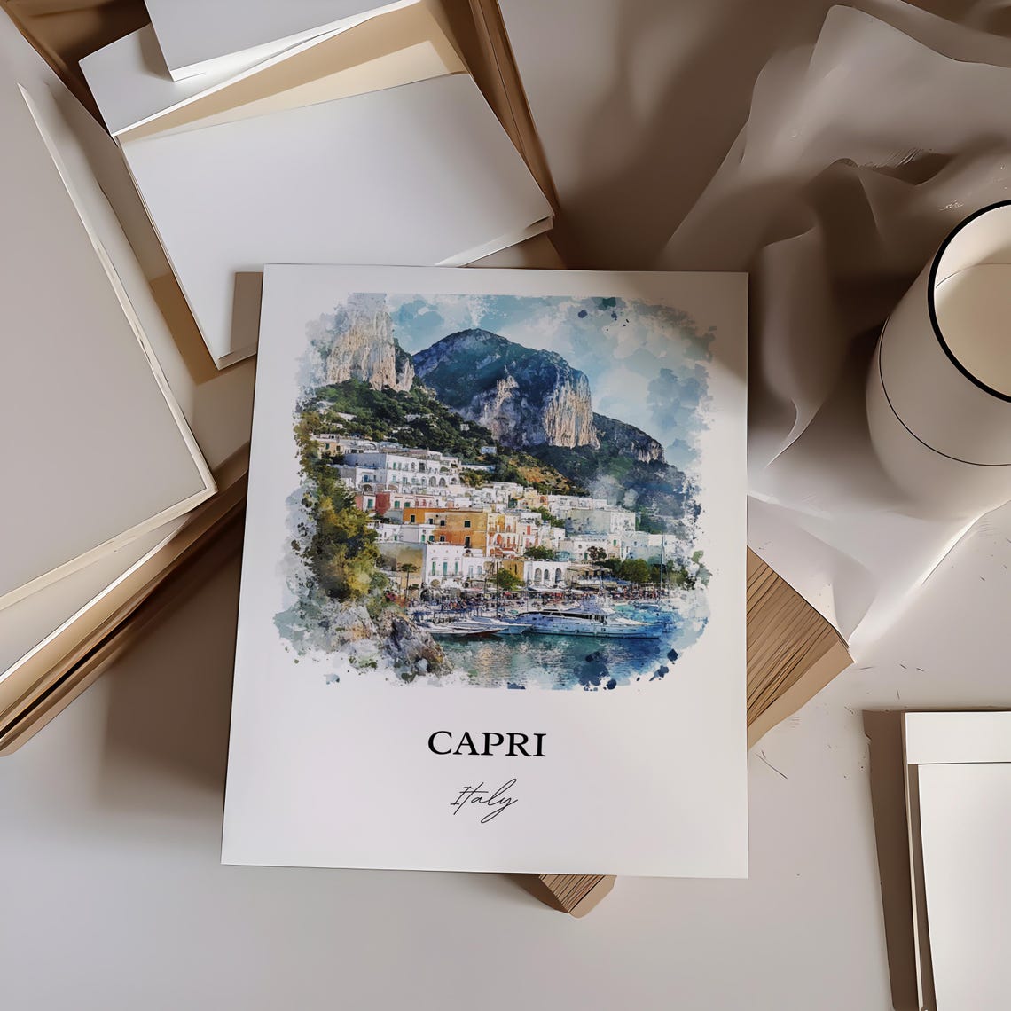 Capri Italy Island Harbor Marina Cliffs Watercolor Travel Poster - Image 3