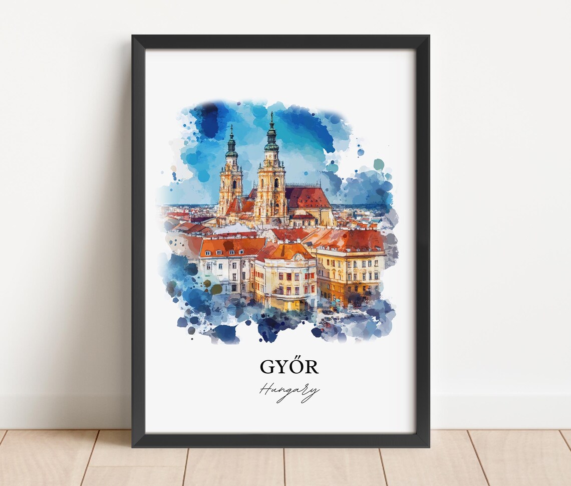 Gyor Hungary Watercolor Cathedral Twin Towers City Skyline Poster - Image 3