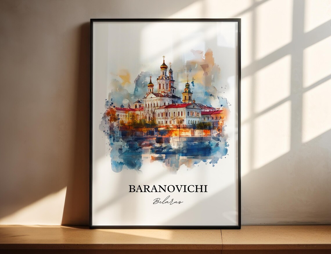 Baranovichi Belarus Golden Domed Church Riverside Watercolor Poster