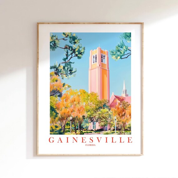 Gainesville Florida Pink Tower Landmark Colorful Travel Art Poster