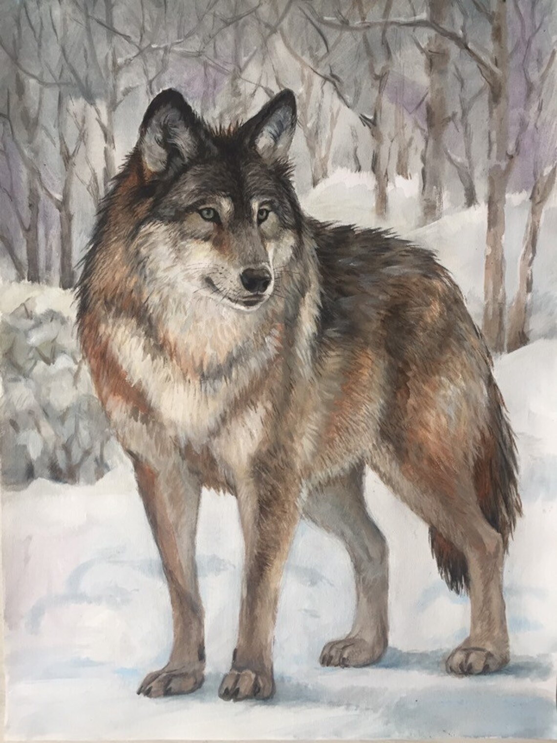Gray Wolf Standing in Snow Winter Forest Realistic Acrylic Painting Poster