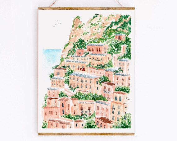 Amalfi Coast Watercolor Art Print, Italian Shore