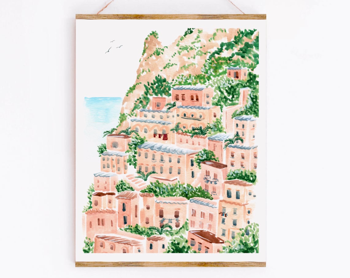 Amalfi Coast Watercolor Art Print, Italian Shore