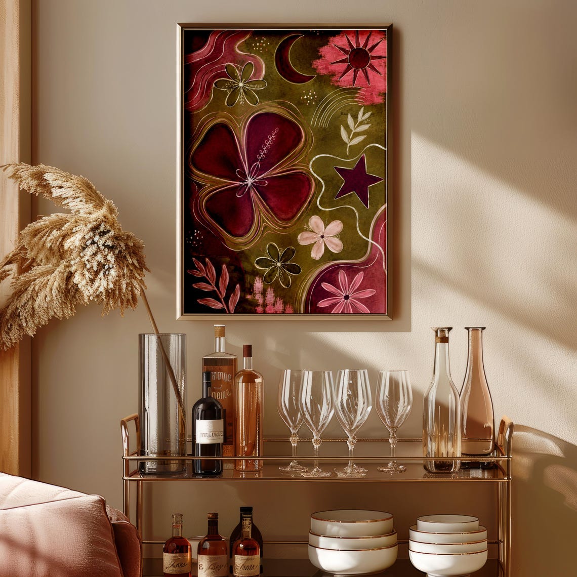 Boho Celestial Floral Print Burgundy Abstract Poster Retro Maximalist Decor - Image 3