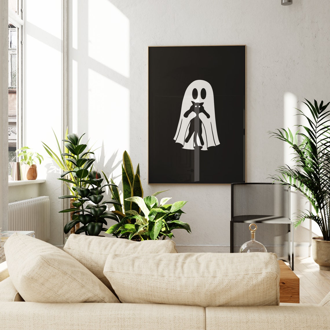 Halloween Ghost Holding Black Cat Spooky Black Background Poster - Image 2