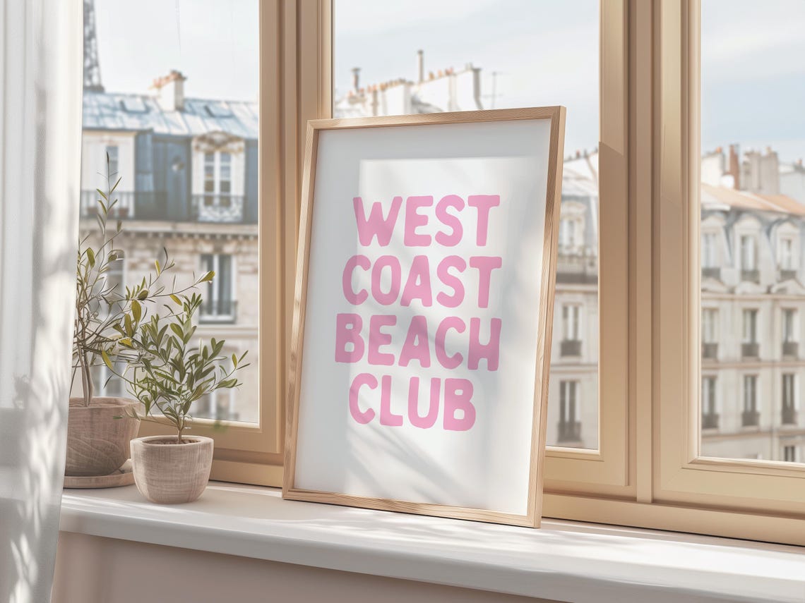West Coast Beach Club Pink Retro Letter Minimalist Wall Decor Poster