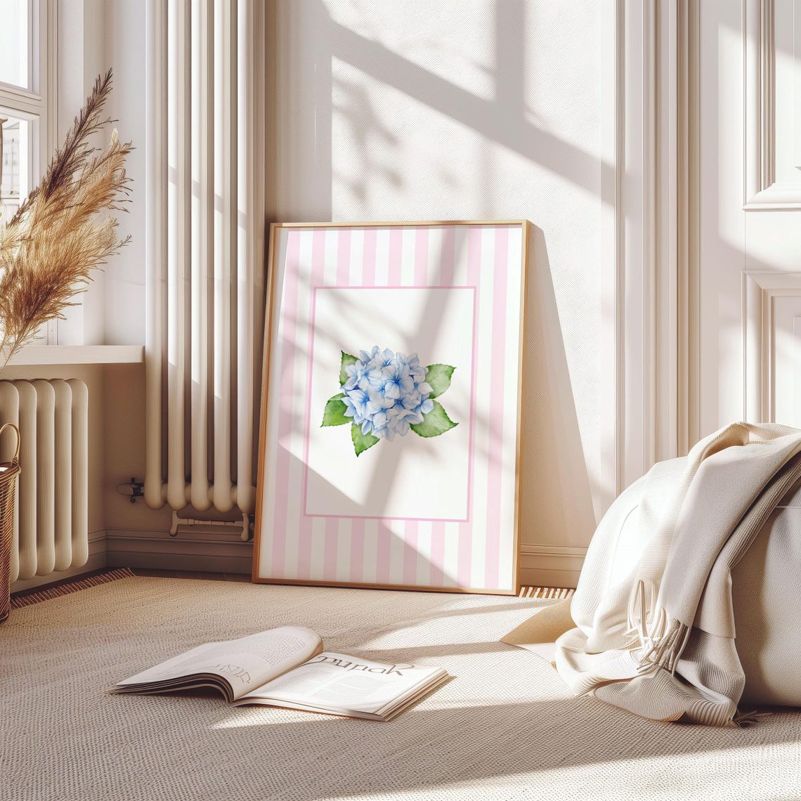 Blue Hydrangea Watercolor Pink Stripe Coastal Floral Nursery Poster - Image 4